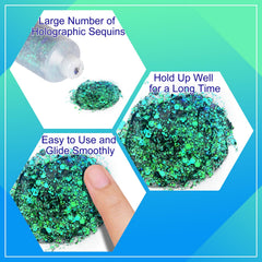 MEICOLY macro of holographic flakes highlighting color-shift sparkle