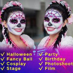 Model wearing MEICOLY paints as skeleton makeup for dramatic costume impact