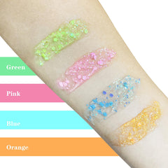 MEICOLY festival lifestyle look on model with glowing pink glitter, stands out in crowds