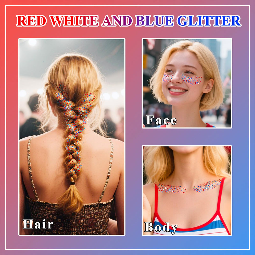 MEICOLY model at festival wearing patriotic glitter for standout look