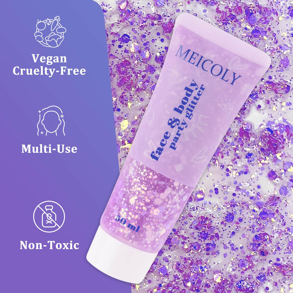 MEICOLY festival scene with glittered performer showing long-lasting, vibrant shine
