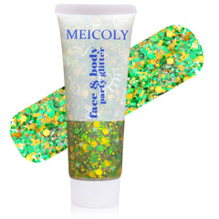 MEICOLY front jar showing green and gold glitter for bold festival looks