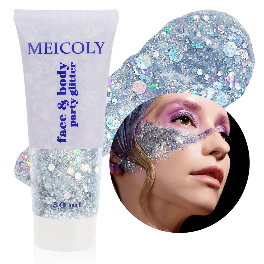 MEICOLY jar front view showing silver glitter gel and festive benefit