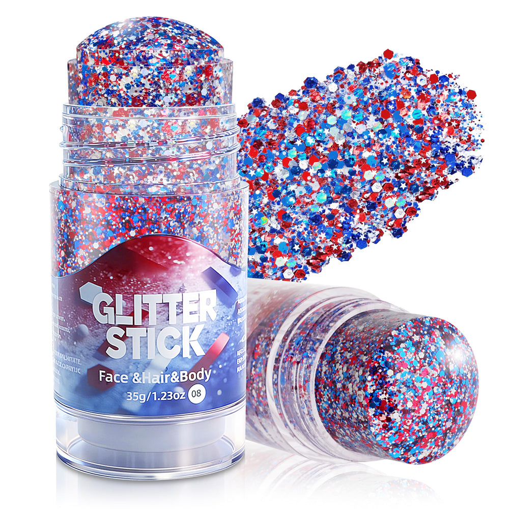 MEICOLY front packaging showing patriotic red white blue glitter stick for easy selection