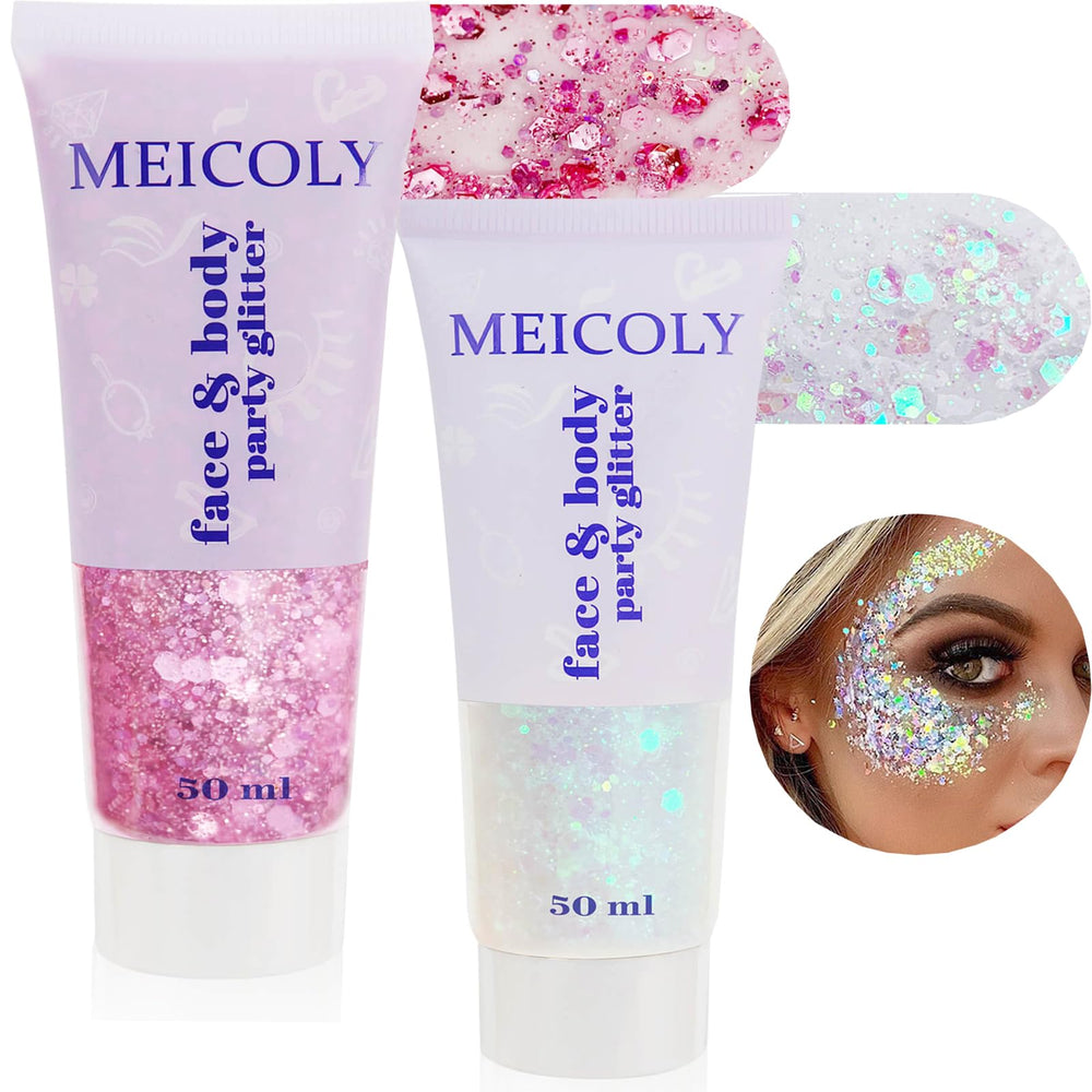 MEICOLY front packaging showing pink and clear glitter tubes for vibrant festival looks
