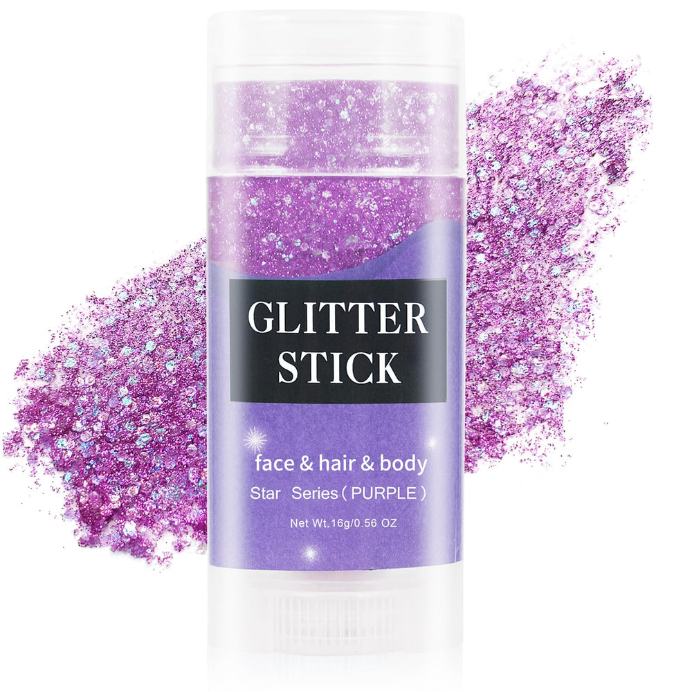 MEICOLY front packaging showing purple glitter stick and compact design benefit