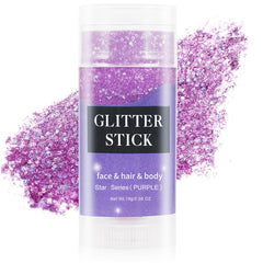 MEICOLY front packaging showing purple glitter stick and compact design benefit