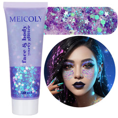MEICOLY front packaging showing light purple holographic glitter, clear festival impact