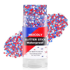 MEICOLY front packaging of star glitter stick showing patriotic design and portability benefit