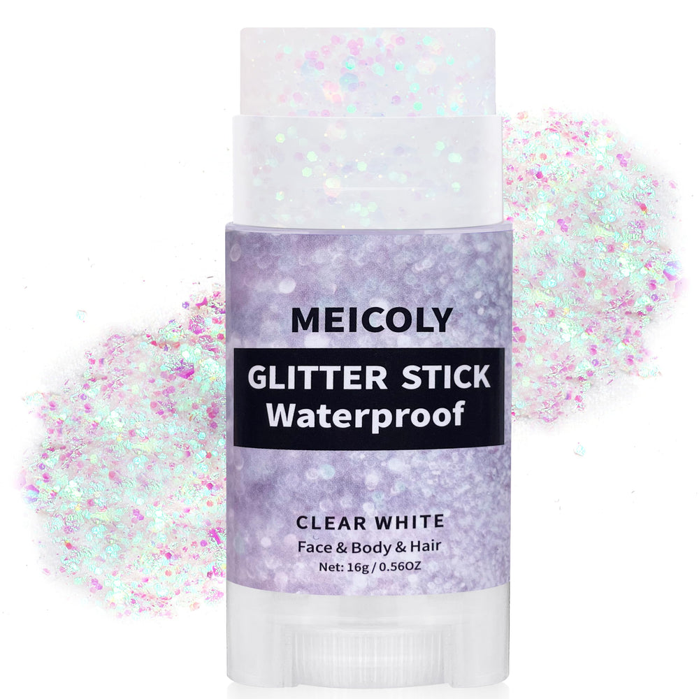 MEICOLY front packaging showing glitter stick and compact benefit of travel-ready sparkle