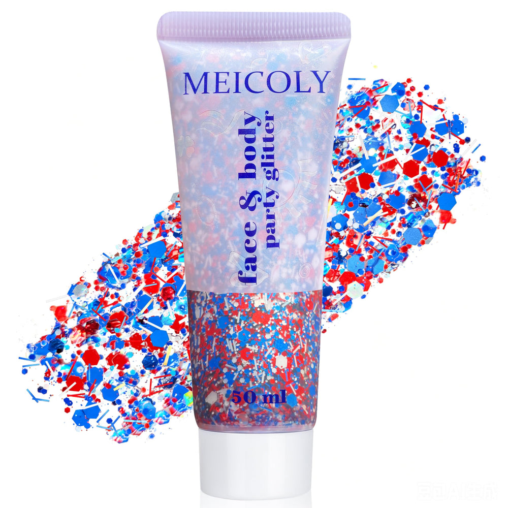 MEICOLY front tube showing red white blue glitter and easy application benefit