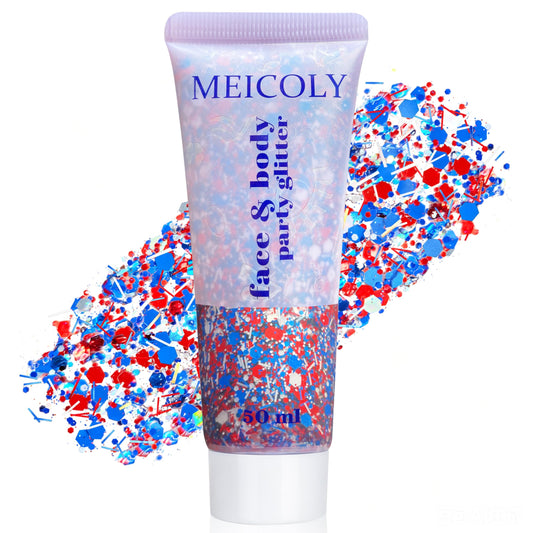 MEICOLY front tube showing red white blue glitter and easy application benefit