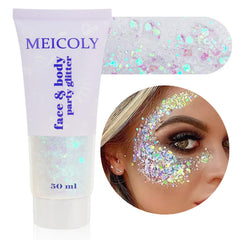 MEICOLY front tube of clear white glitter gel showing packaging benefit longwear