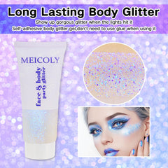 MEICOLY glitter texture close-up with holographic flakes, revealing vibrant rainbow reflections