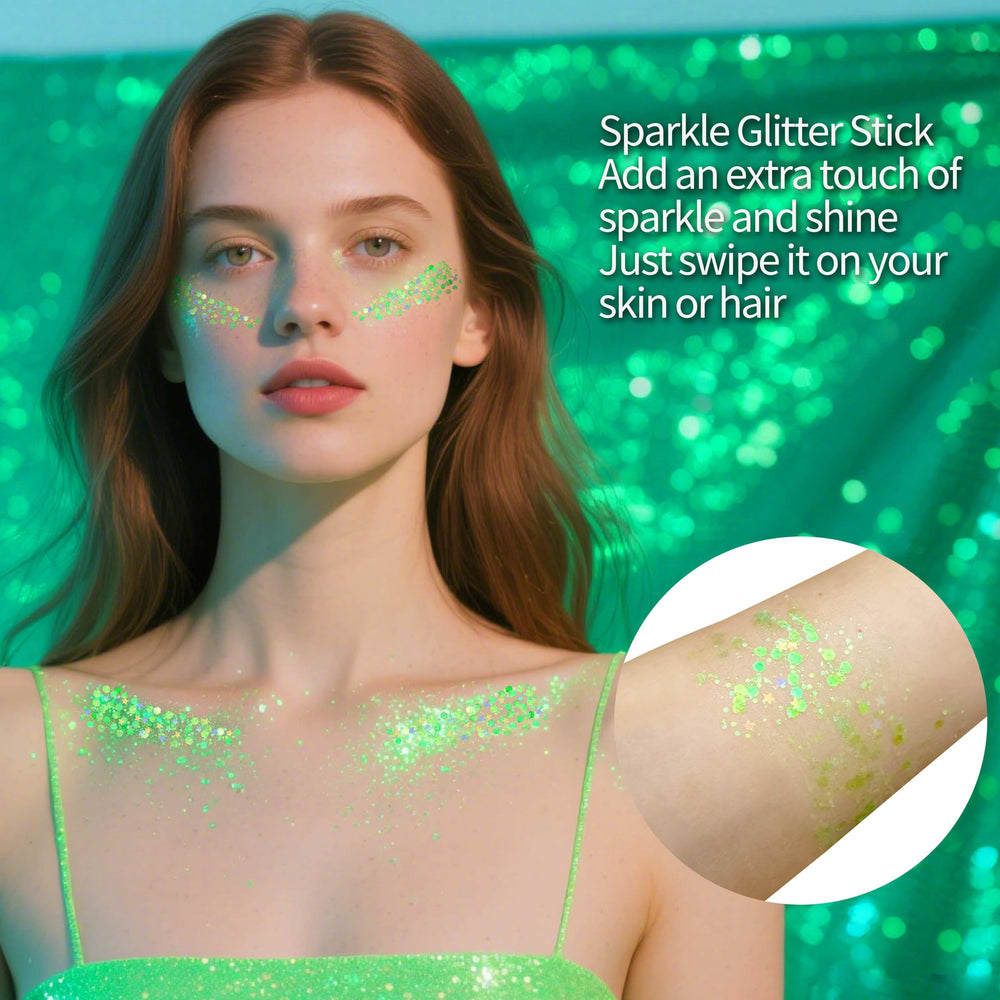 MEICOLY swatch showing chunky neon green glitter texture and intense shimmer