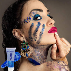 MEICOLY blue glitter used along hair parting for festival-ready shine