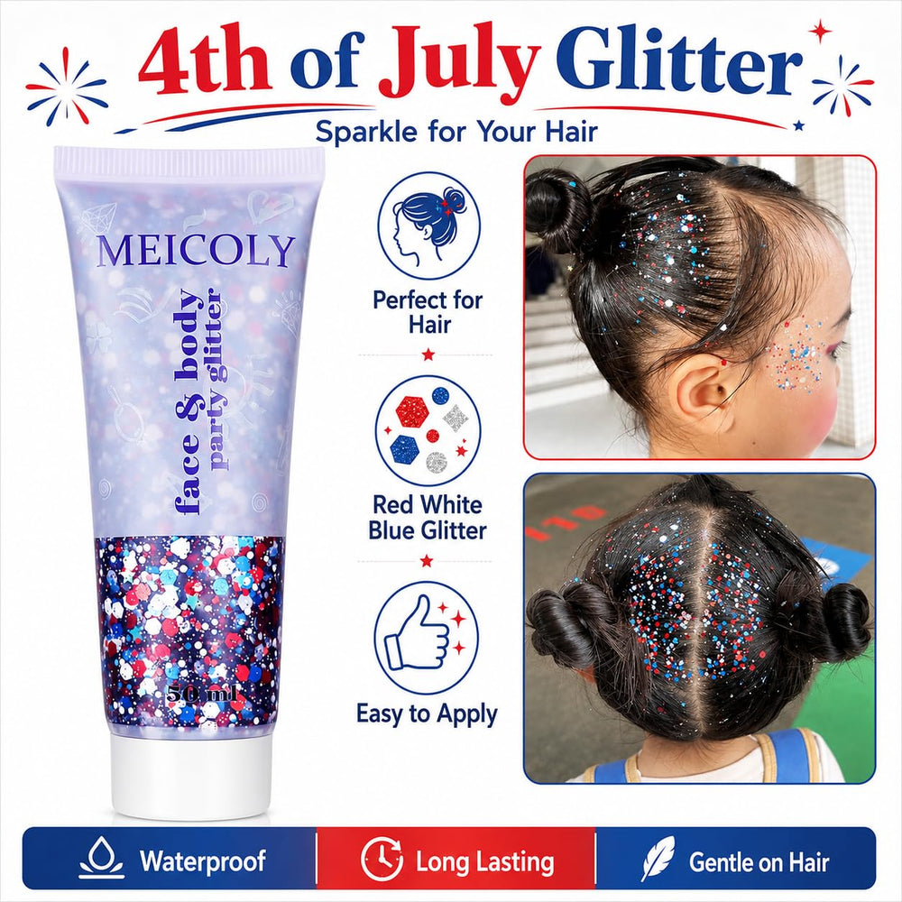 MEICOLY applied in hair creating red white blue stripes for bold accents