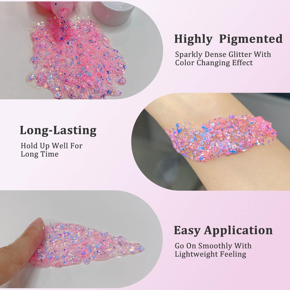 MEICOLY glitter gel on hair streak showing vibrant mermaid finish and hold