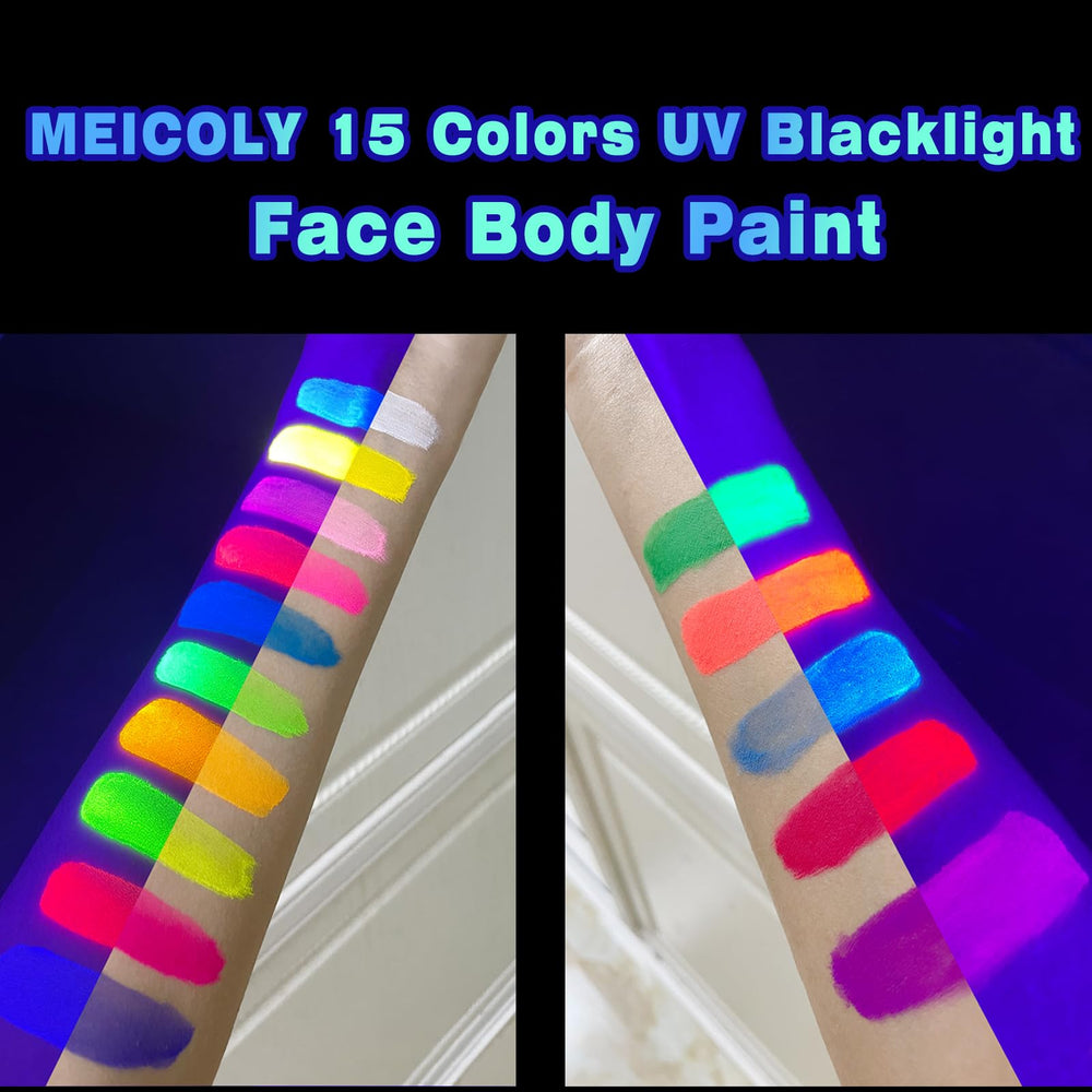 MEICOLY festival look on model showing vibrant UV-reactive body art