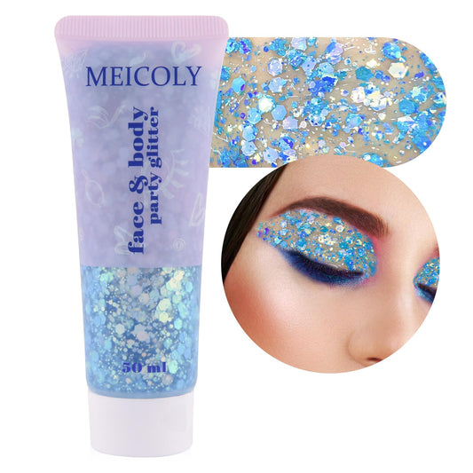 MEICOLY front tube showing mermaid-blue glitter gel and easy dispensing