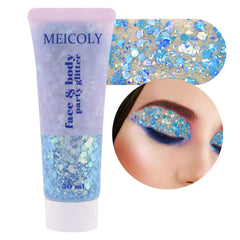 MEICOLY front tube showing mermaid-blue glitter gel and easy dispensing