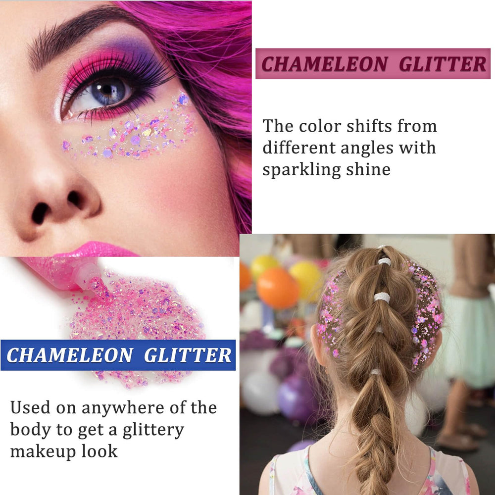 MEICOLY applied on model face demonstrating vibrant chameleon shimmer for festival looks