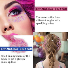 MEICOLY applied on model face demonstrating vibrant chameleon shimmer for festival looks