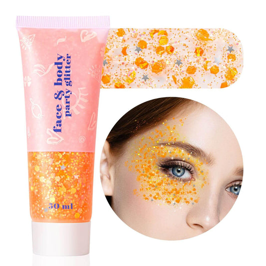 MEICOLY orange body glitter front packaging shows product and 50ml benefit
