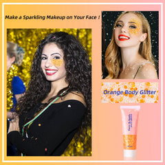MEICOLY orange gel texture closeup highlighting holographic sequins and sparkle