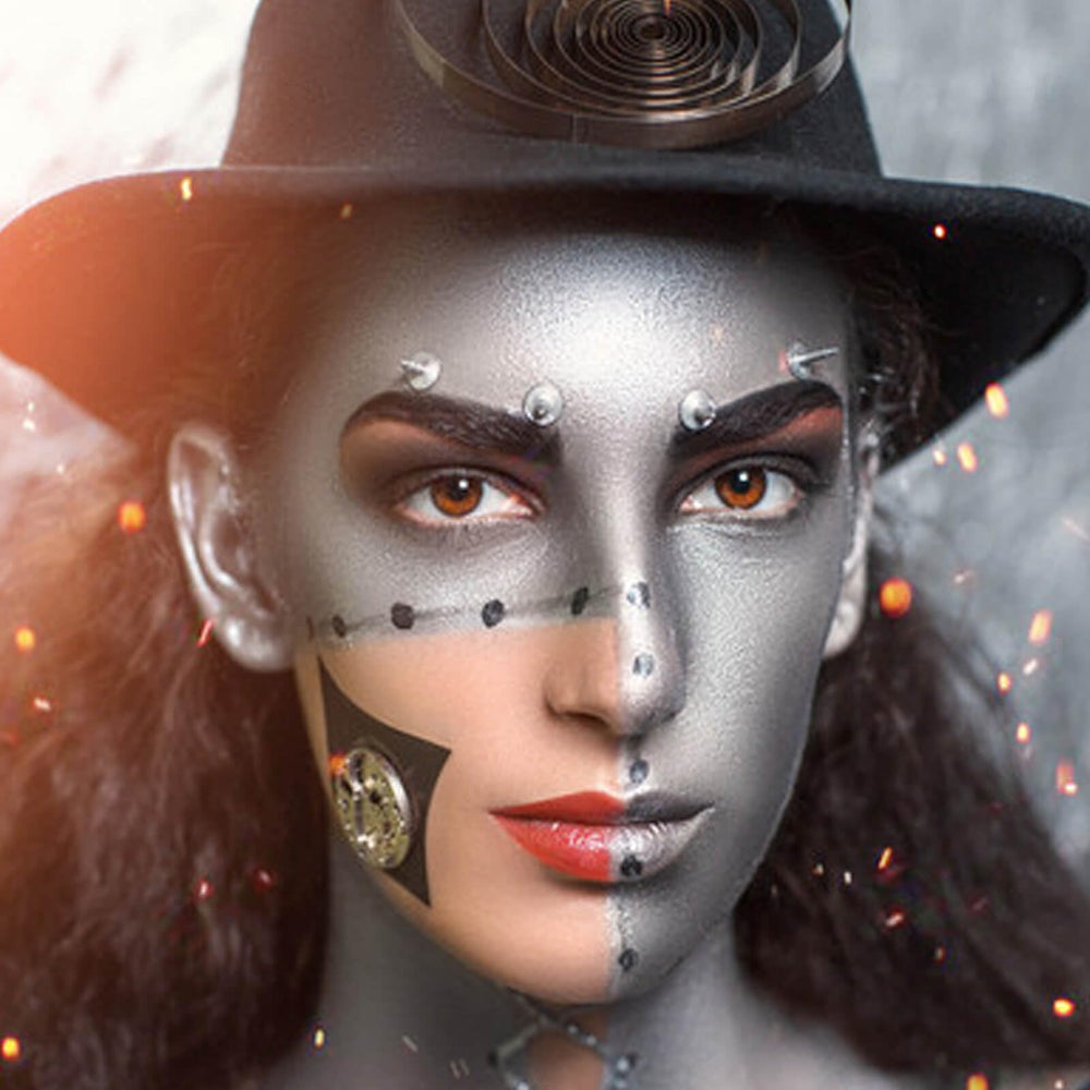 MEICOLY blended metallic paint on cheek showing realistic Tin Man finish