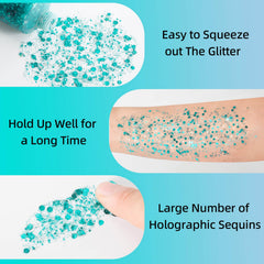 MEICOLY teal applied on cheek demonstrating reflective mermaid sparkle and coverage