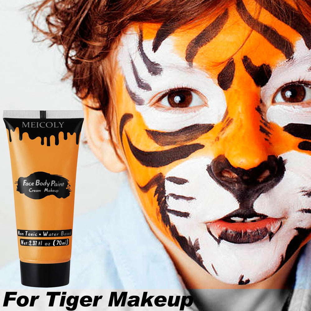 MEICOLY tiger face makeup example illustrating sharp details and vibrant orange