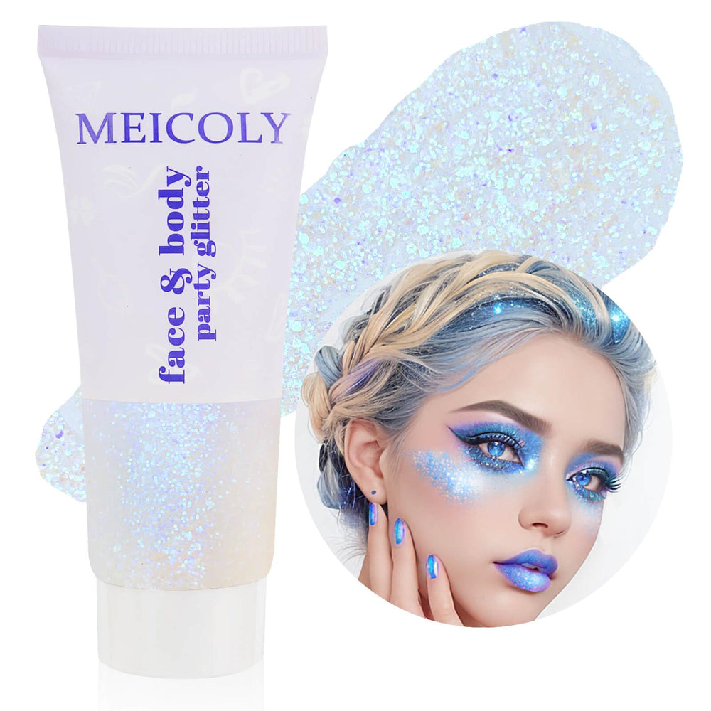 MEICOLY tube front showing sparkling blue gel and clear label, for easy identification