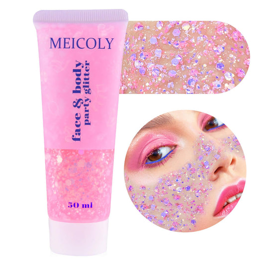 MEICOLY tube front view showing color-changing glitter and easy squeeze applicator benefit