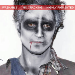 MEICOLY full-face zombie cosplay demonstrating dramatic grayscale impact