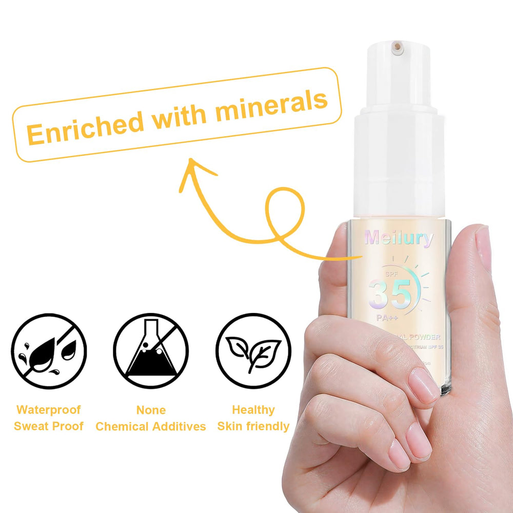 Meilury label close-up highlighting SPF 35 PA++ mineral sunscreen info