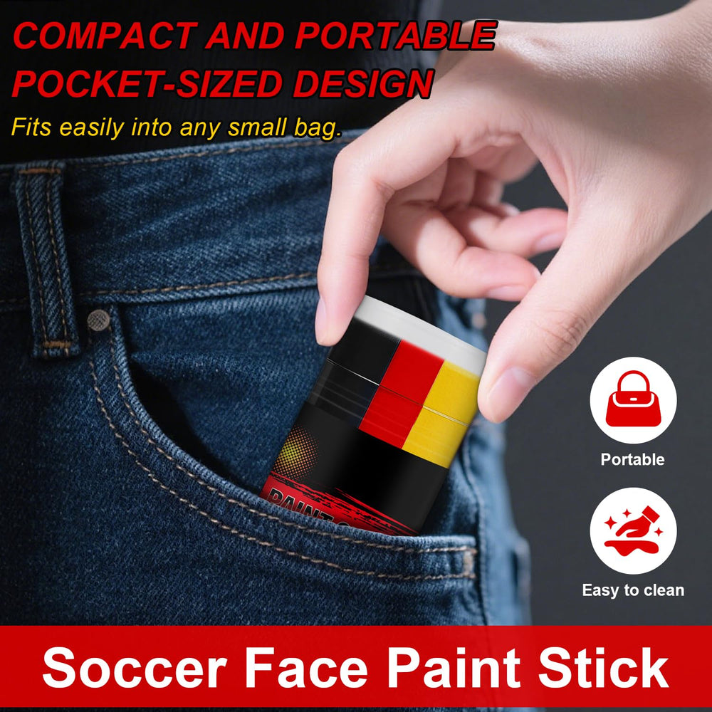 Meilury face paint on Germany fan in stadium showing spirited support benefit