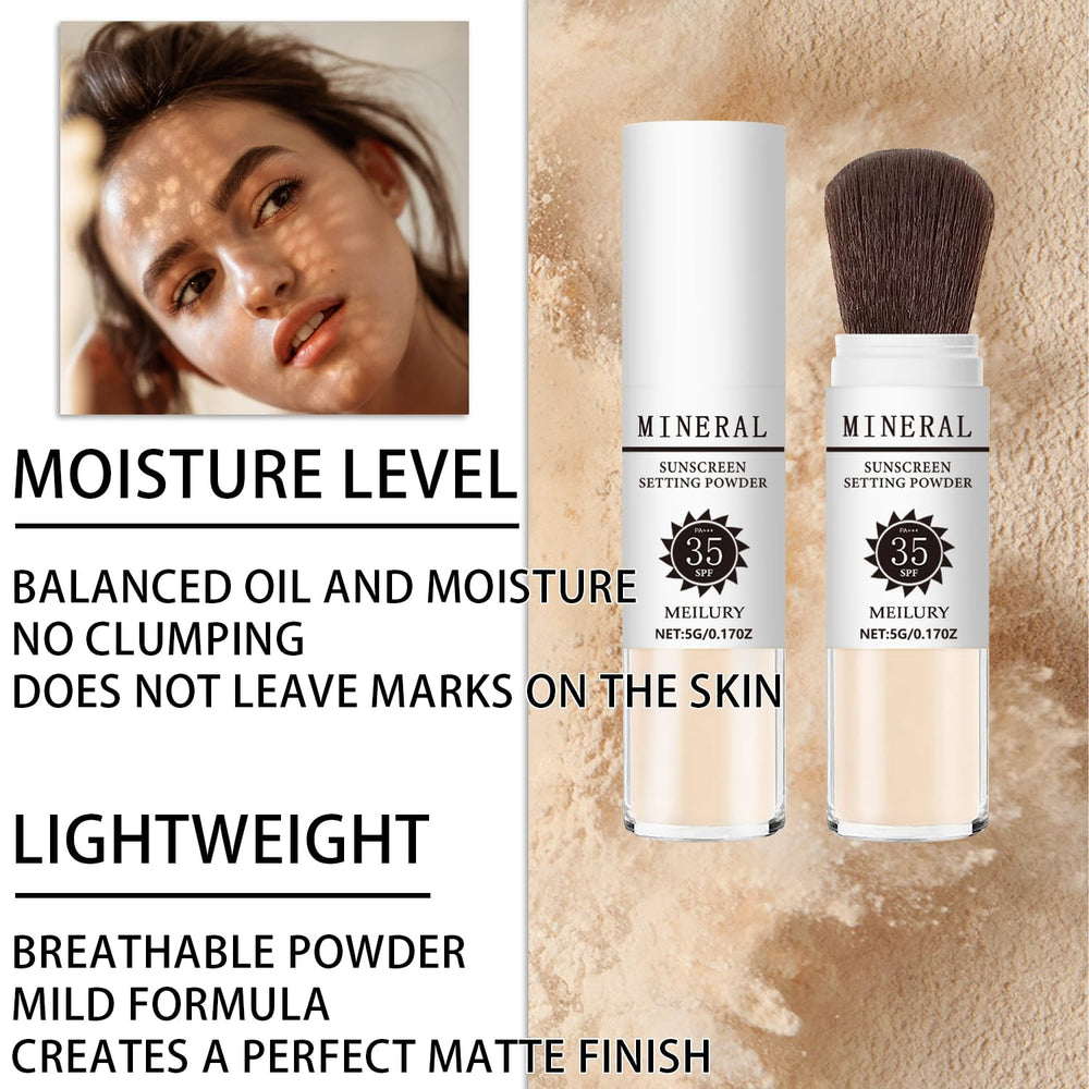 Meilury loose powder texture close-up, soft mineral finish for matte look