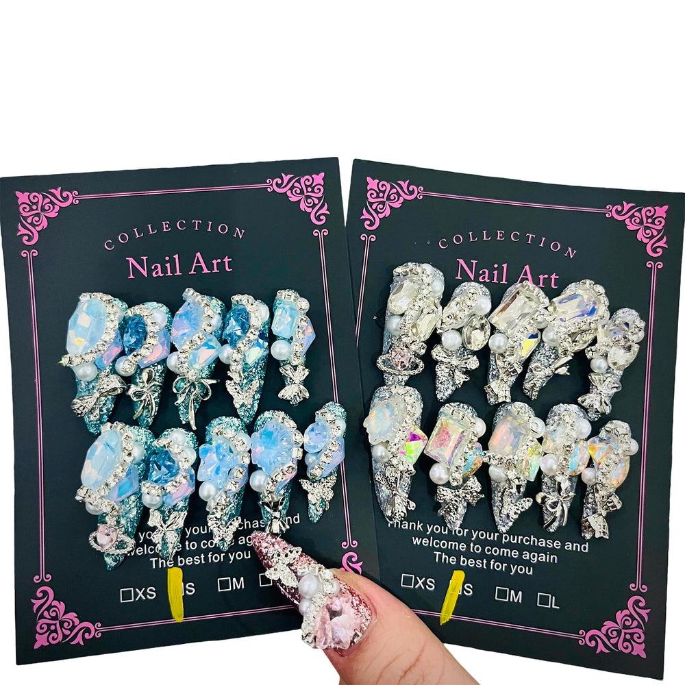 MellowBells front box packaging showing included mystery press-on nails and accessories
