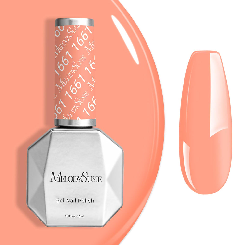 MelodySusie bottle front view showing coral orange shade and glossy finish benefit
