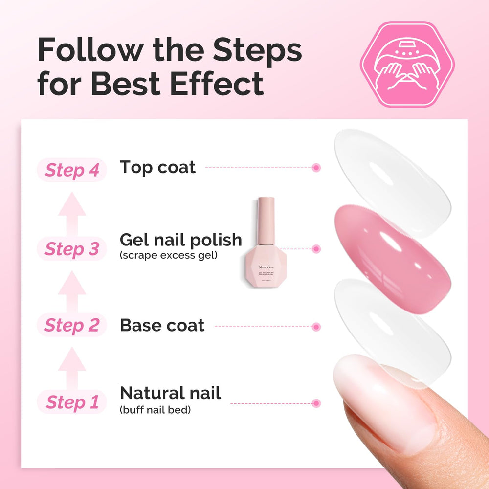 Before and after manicure using MelodySusie gels showing natural enhancement and long-wear benefit
