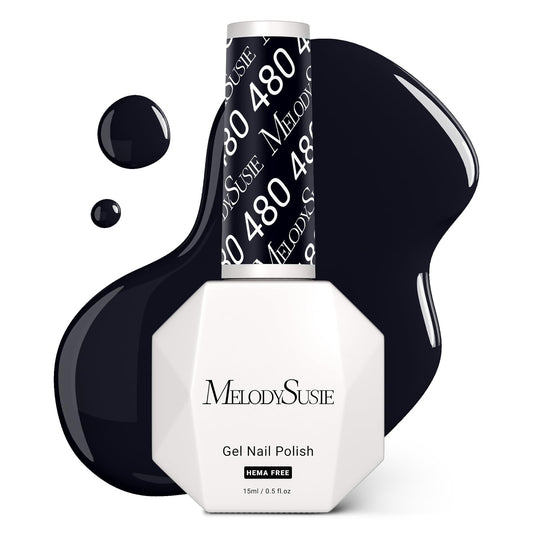 MelodySusie bottle front view showing sleek black gel and brand benefit durable finish