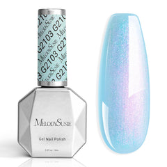MelodySusie bottle front view showing holographic blue polish and label, vibrant finish