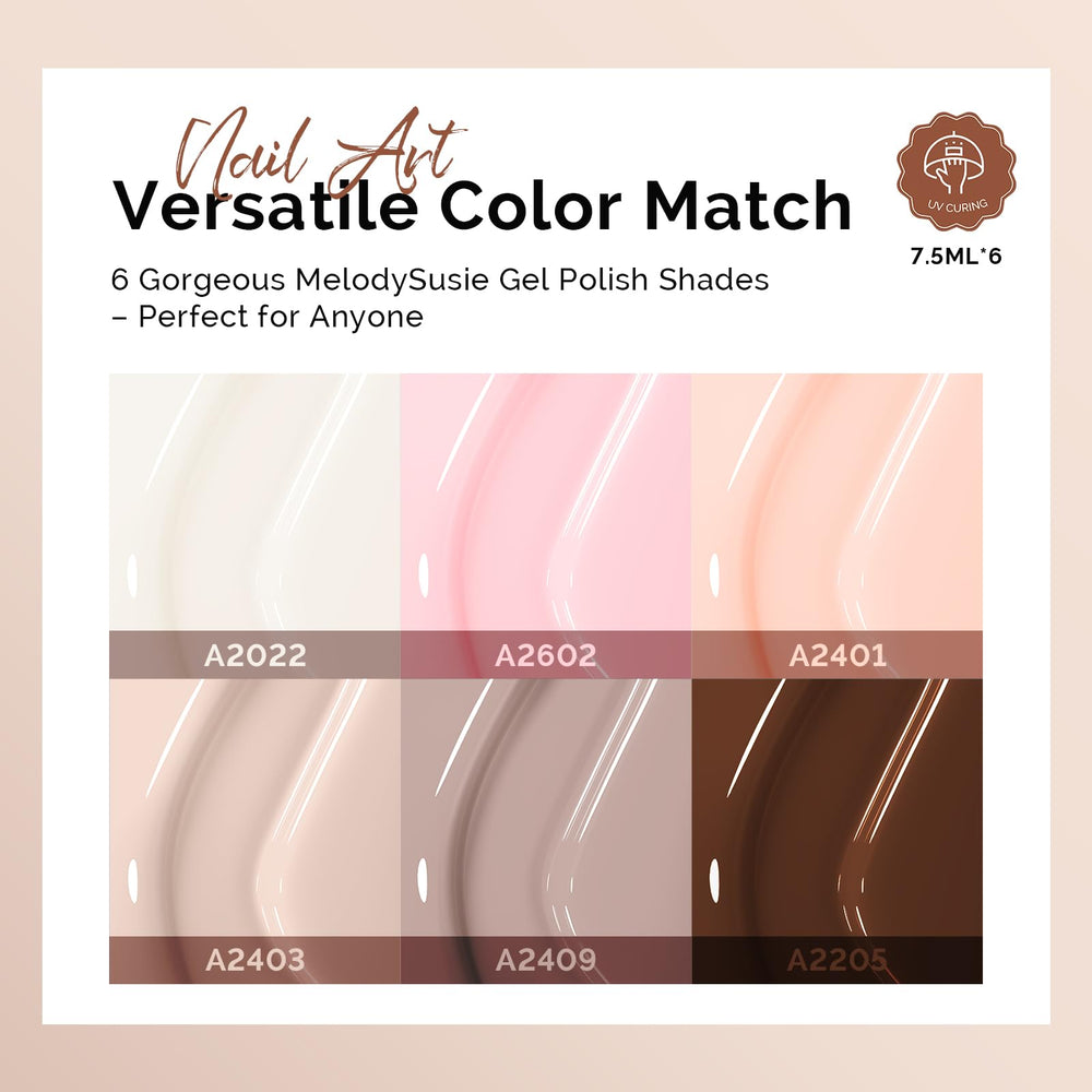 MelodySusie color swatches lined up on white showing milky beige to neutral pink shades for easy selection