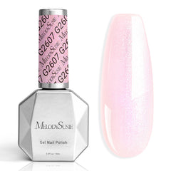MelodySusie bottle front view showing shimmer pearl pink finish and long-lasting shine