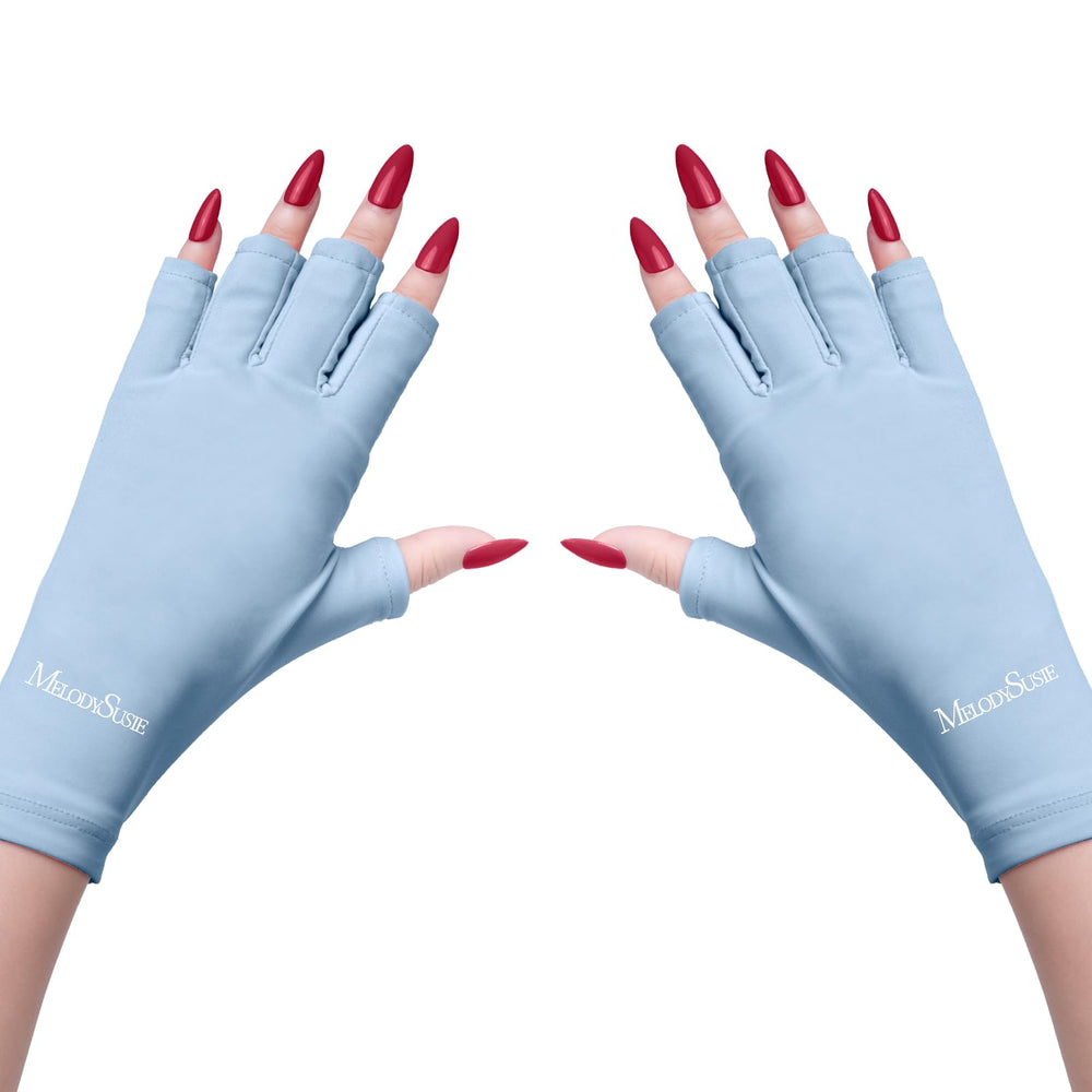 MelodySusie front view of baby blue gloves showing sleek fit and protection
