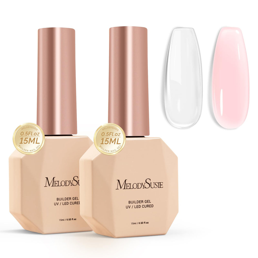 MelodySusie front packaging showing both builder gel bottles and benefits