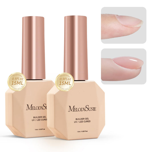 MelodySusie front packaging showing two clear builder gel bottles and benefits