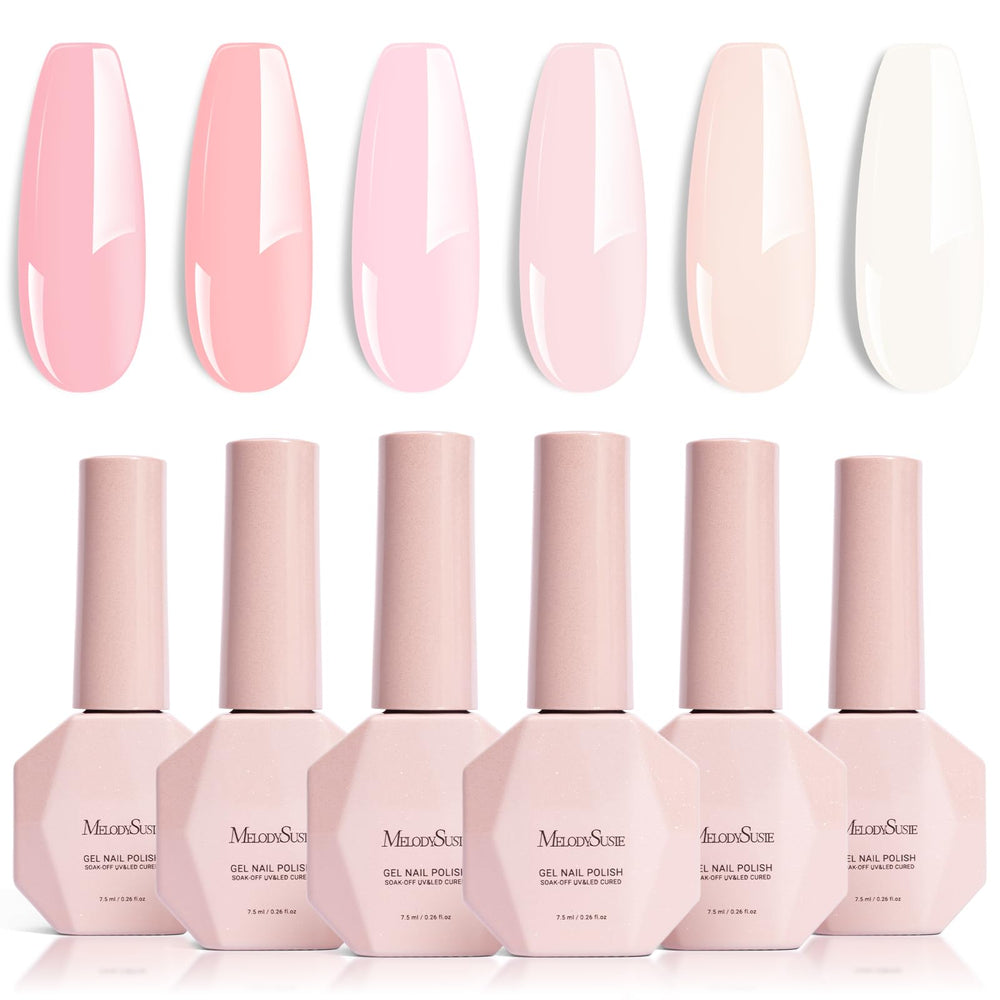 MelodySusie front packaging showing six pastel pink gel bottles with clear labeling and neat arrangement