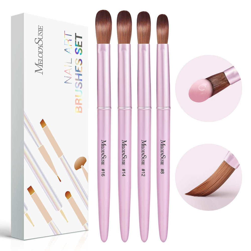 MelodySusie front packaging showing four numbered brushes and metallic pink handles for easy identification and style